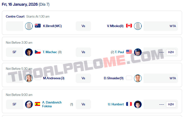 atp adelaida partidos 16 enero 2026